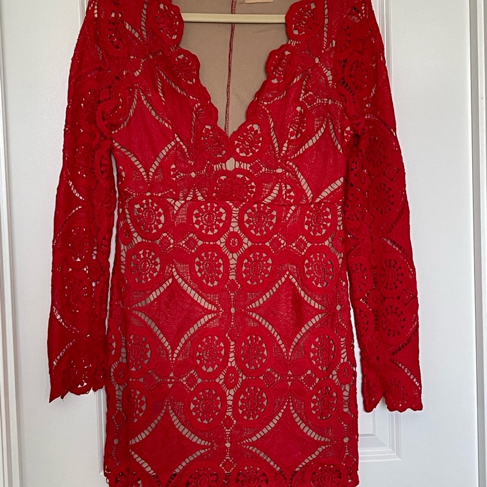 The brand Love Triangle from Asos. Red lace short dress, dress is Medium size.